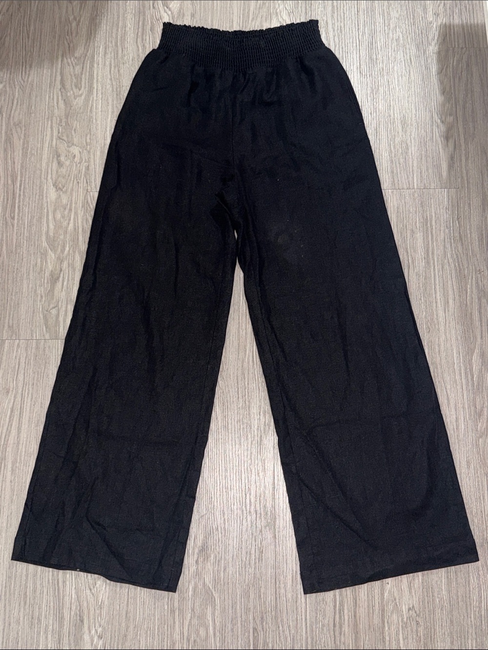 Love Tree Womens Smocked Waist Wide-Leg Linen Pants (Black, Size L
